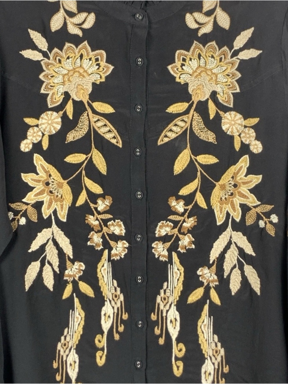 Johnny Was Workshop Silk Embroidered Boho Blouse Black Gold Button Front S - Picture 9 of 13